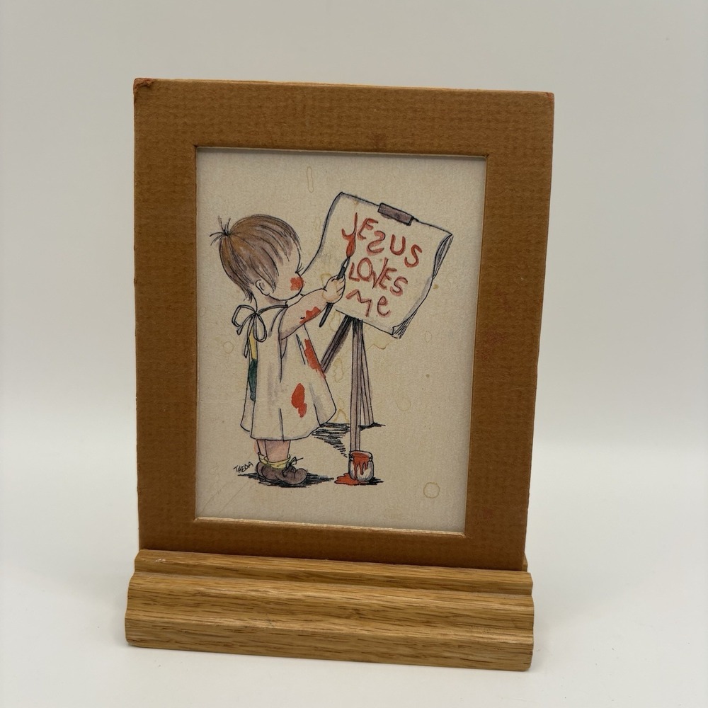 Vintage Decorative Framed Print Child Painting Jesus Loves Me 5.5 Inches
